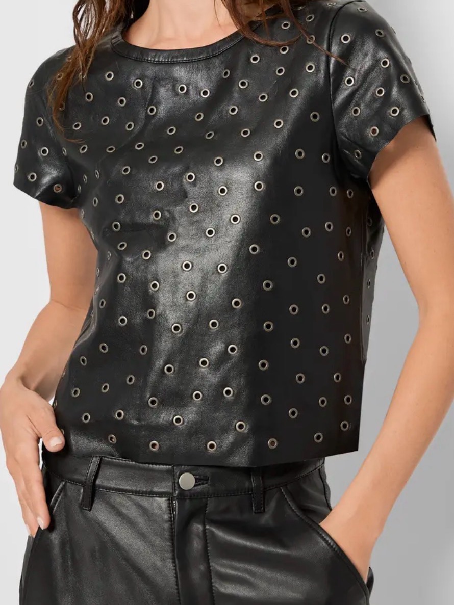 Black Eyelet Recycled Leather Short Sleeve Tee